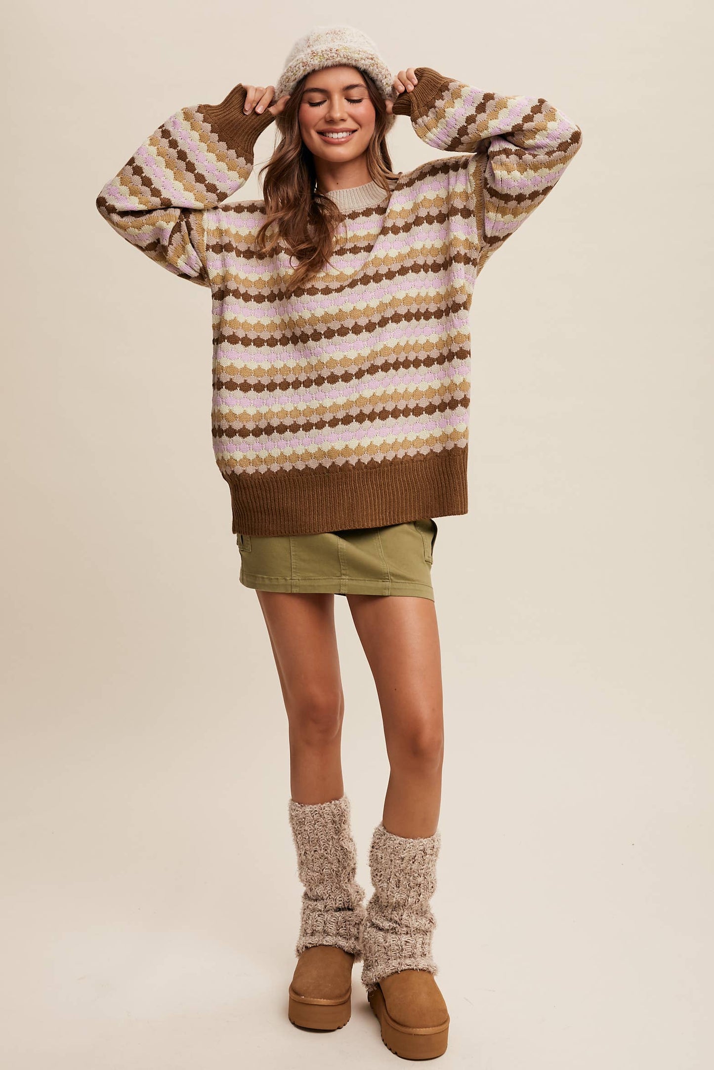 Geometric Knit Sweater with Bold Stripes