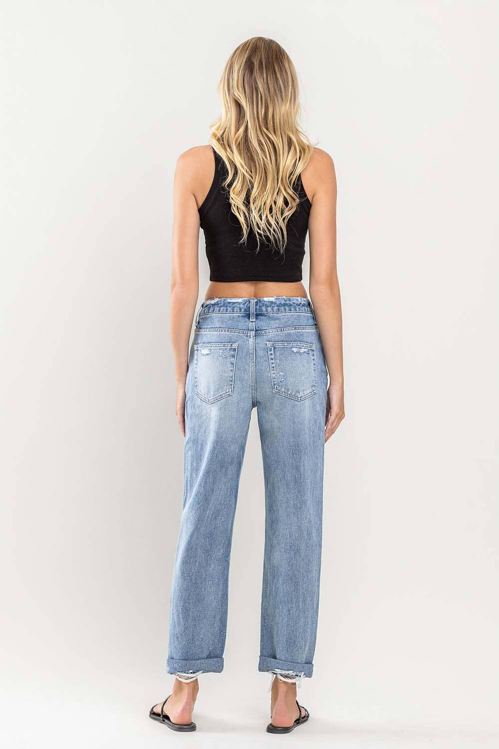 High Rise Cuffed Distressed Rigid Boyfriend Jeans