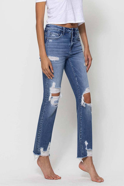 Mid Rise Distressed Ankle Slim Straight Jeans