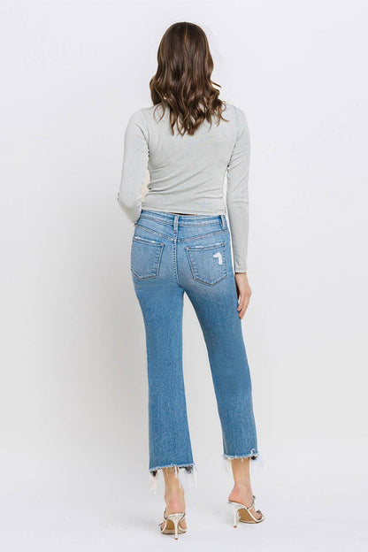 Mid Rise Frayed Hem Ankle Bootcut Jeans