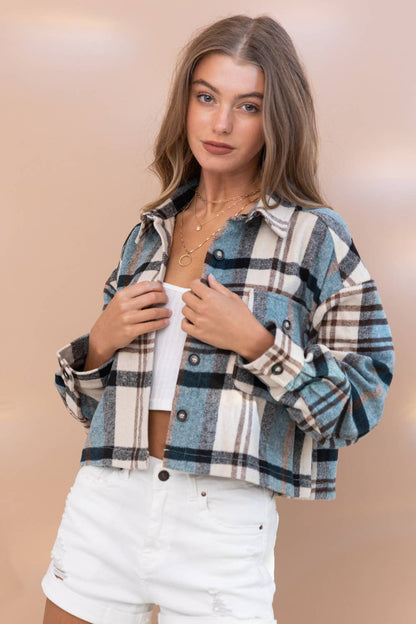 Yarn Dyed Plaid Button Up Crop Shirt Jacket