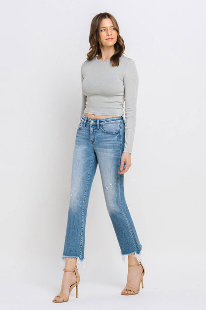 Mid Rise Frayed Hem Ankle Bootcut Jeans