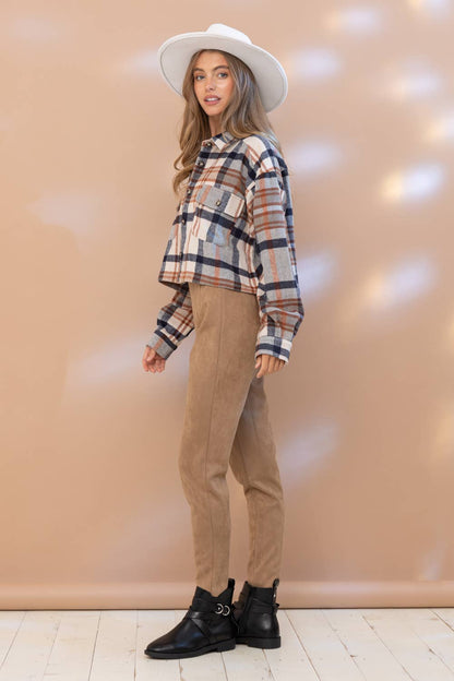 Yarn Dyed Plaid Button Up Crop Shirt Jacket