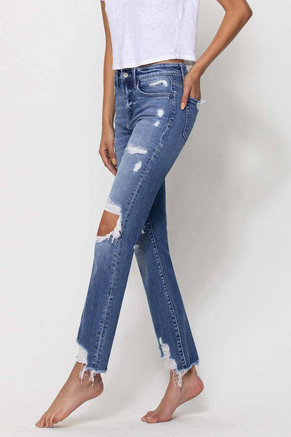 Mid Rise Distressed Ankle Slim Straight Jeans