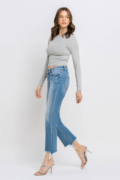 Mid Rise Frayed Hem Ankle Bootcut Jeans