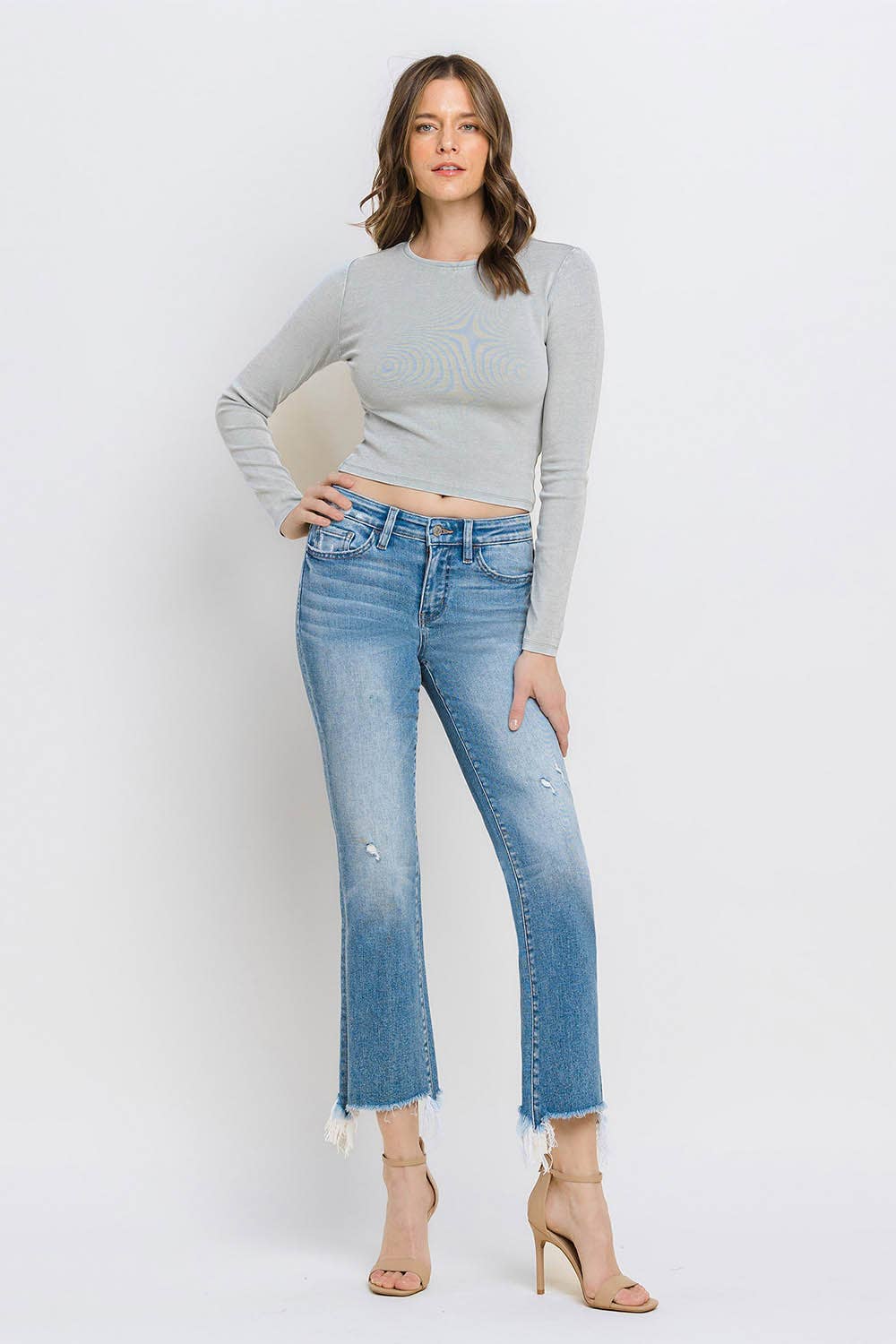 Mid Rise Frayed Hem Ankle Bootcut Jeans