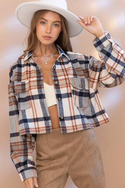 Yarn Dyed Plaid Button Up Crop Shirt Jacket