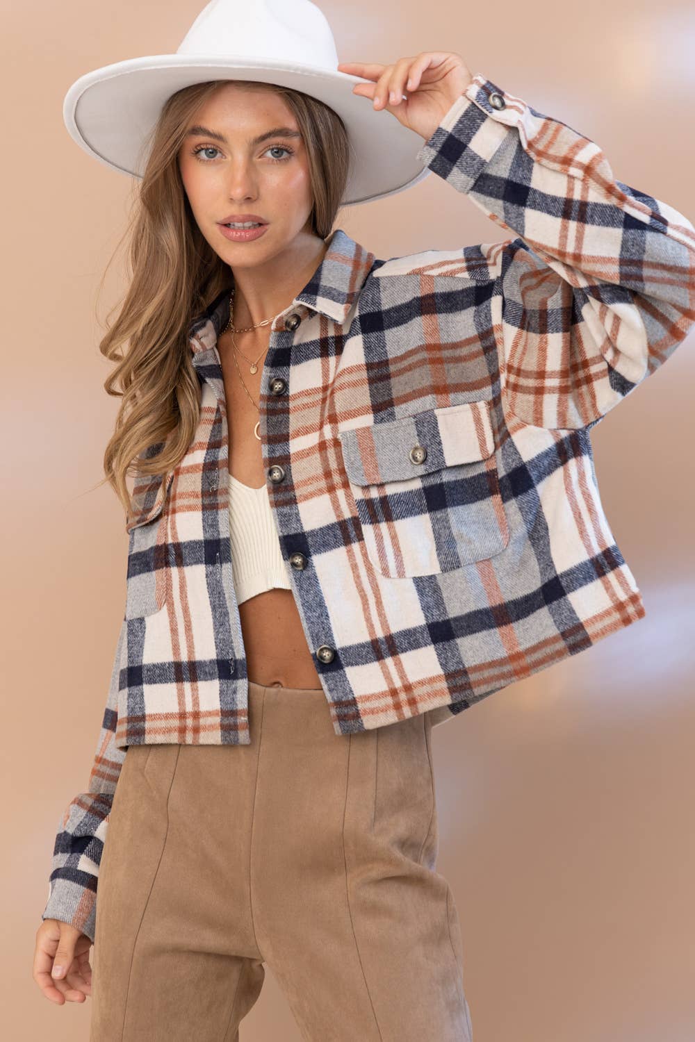 Yarn Dyed Plaid Button Up Crop Shirt Jacket