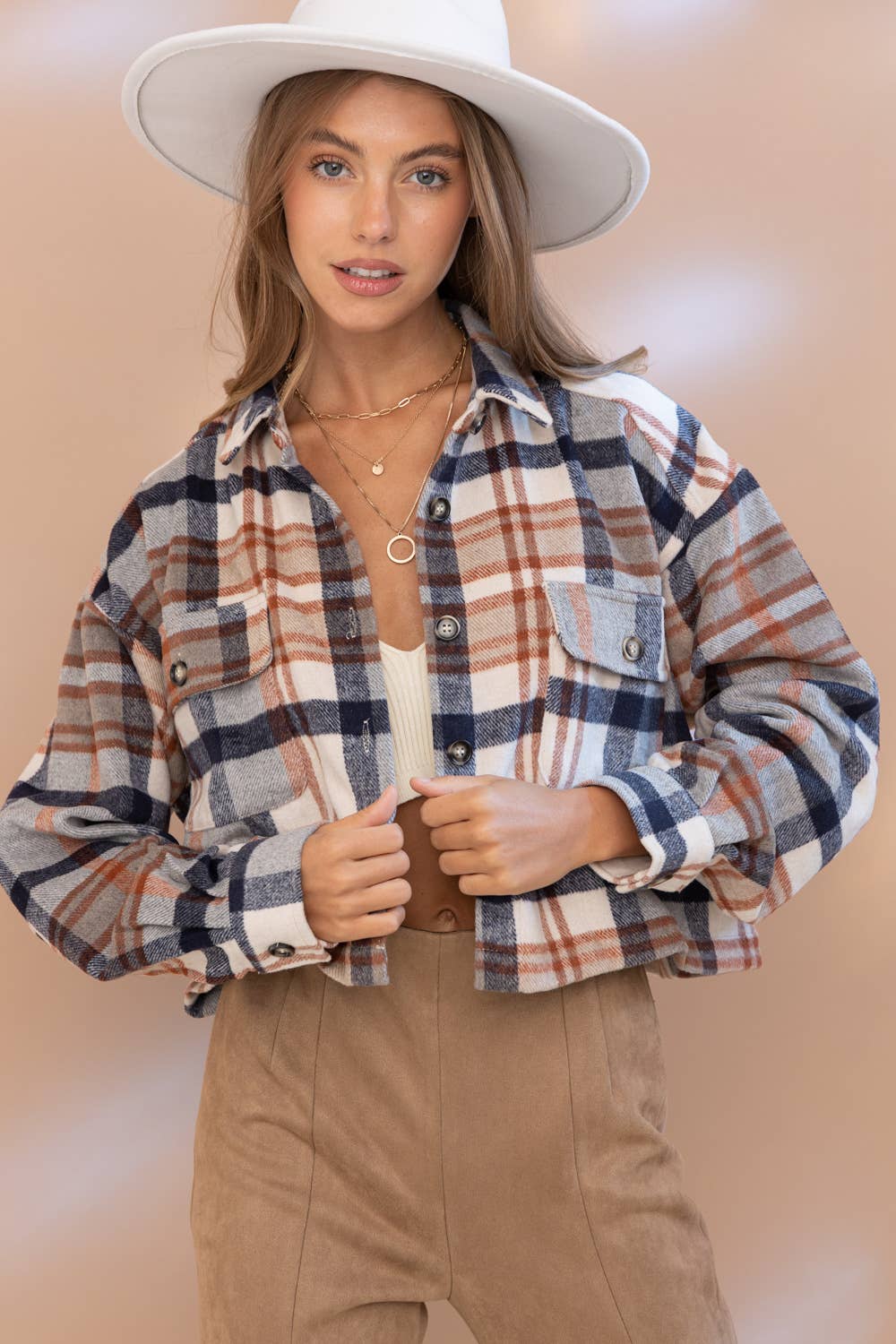 Yarn Dyed Plaid Button Up Crop Shirt Jacket