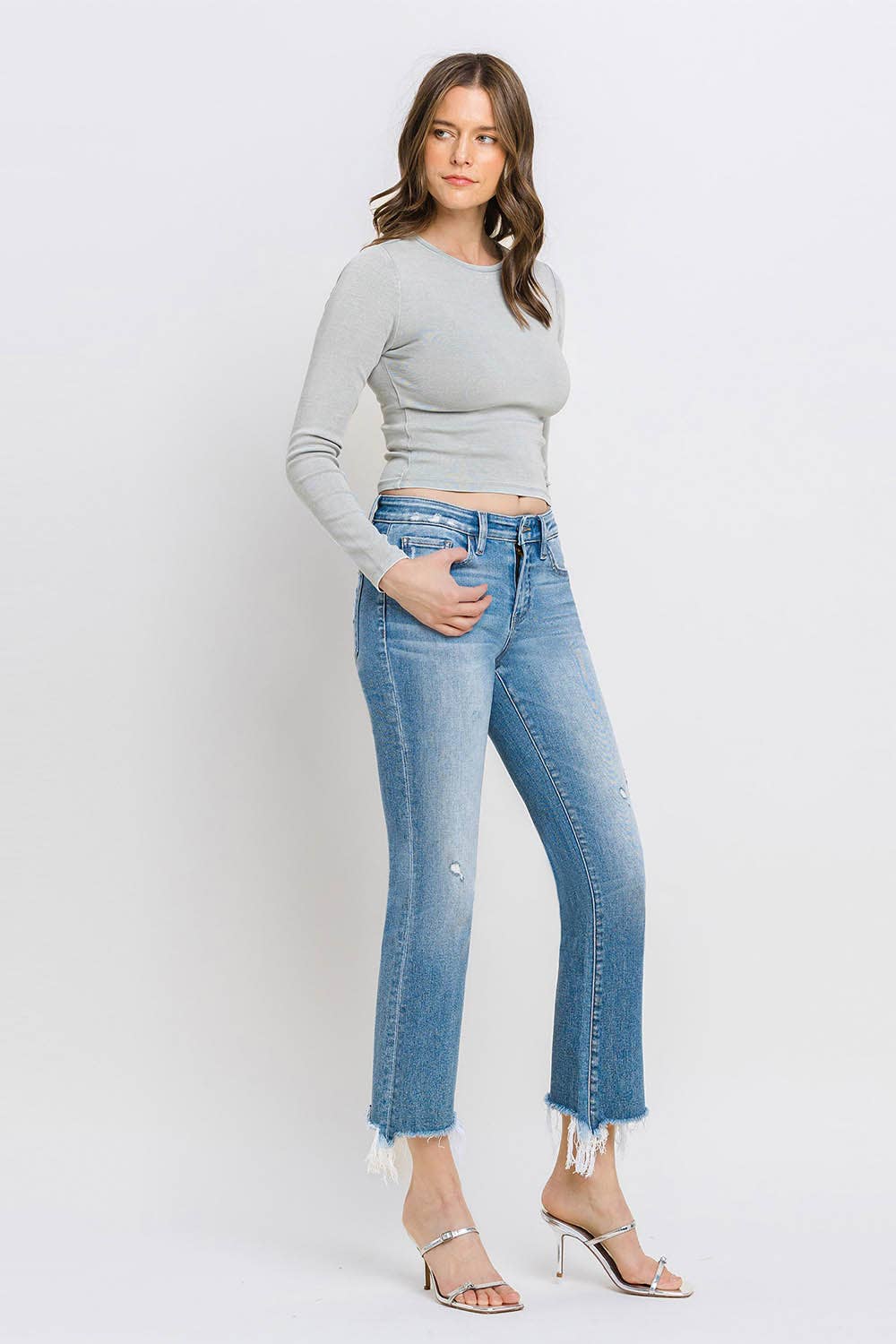 Mid Rise Frayed Hem Ankle Bootcut Jeans