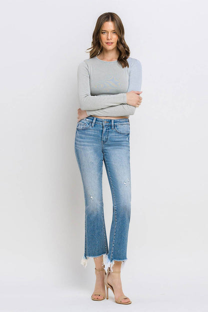 Mid Rise Frayed Hem Ankle Bootcut Jeans