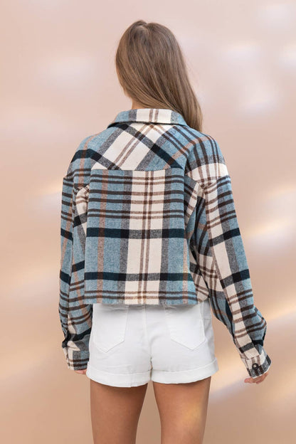 Yarn Dyed Plaid Button Up Crop Shirt Jacket