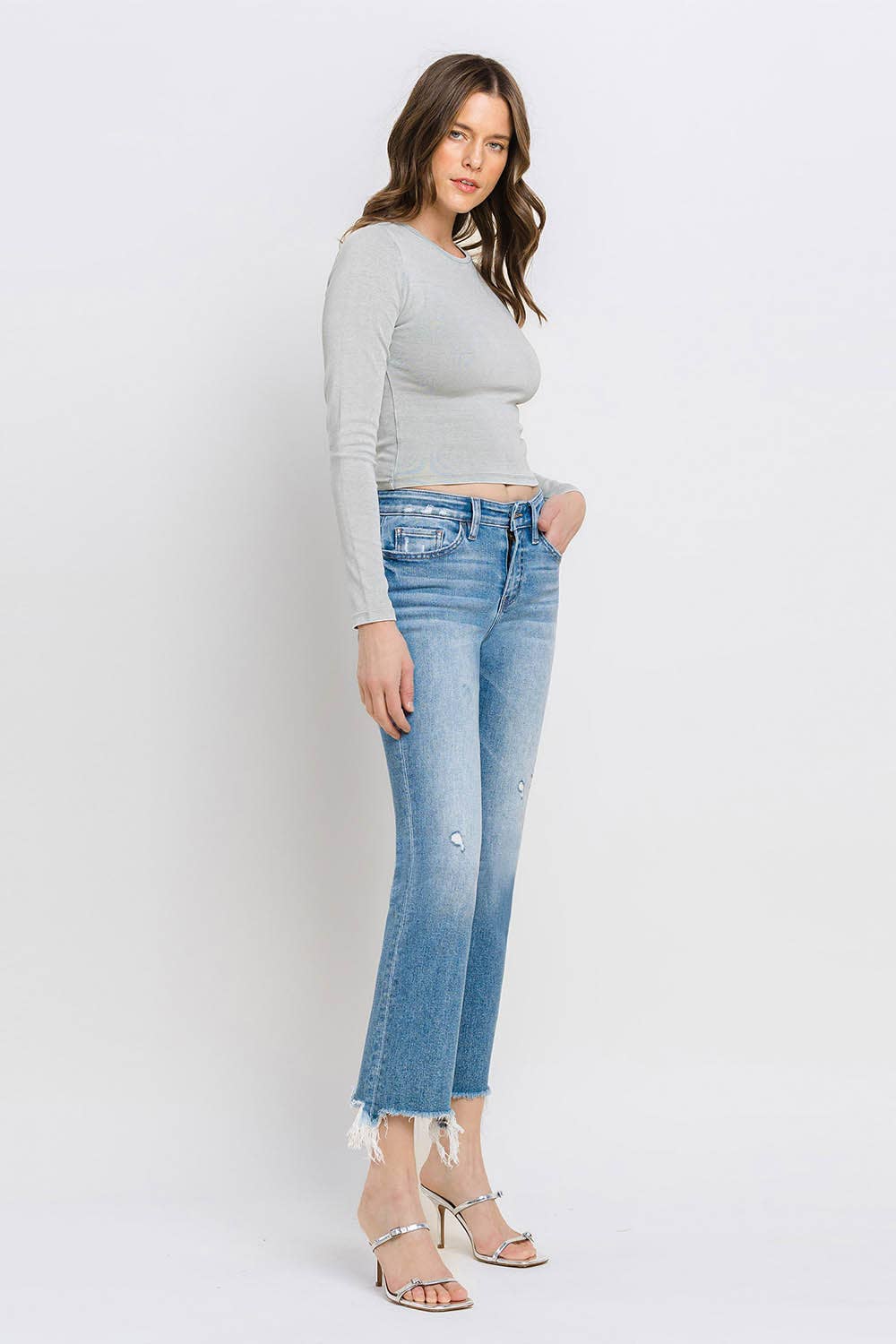 Mid Rise Frayed Hem Ankle Bootcut Jeans