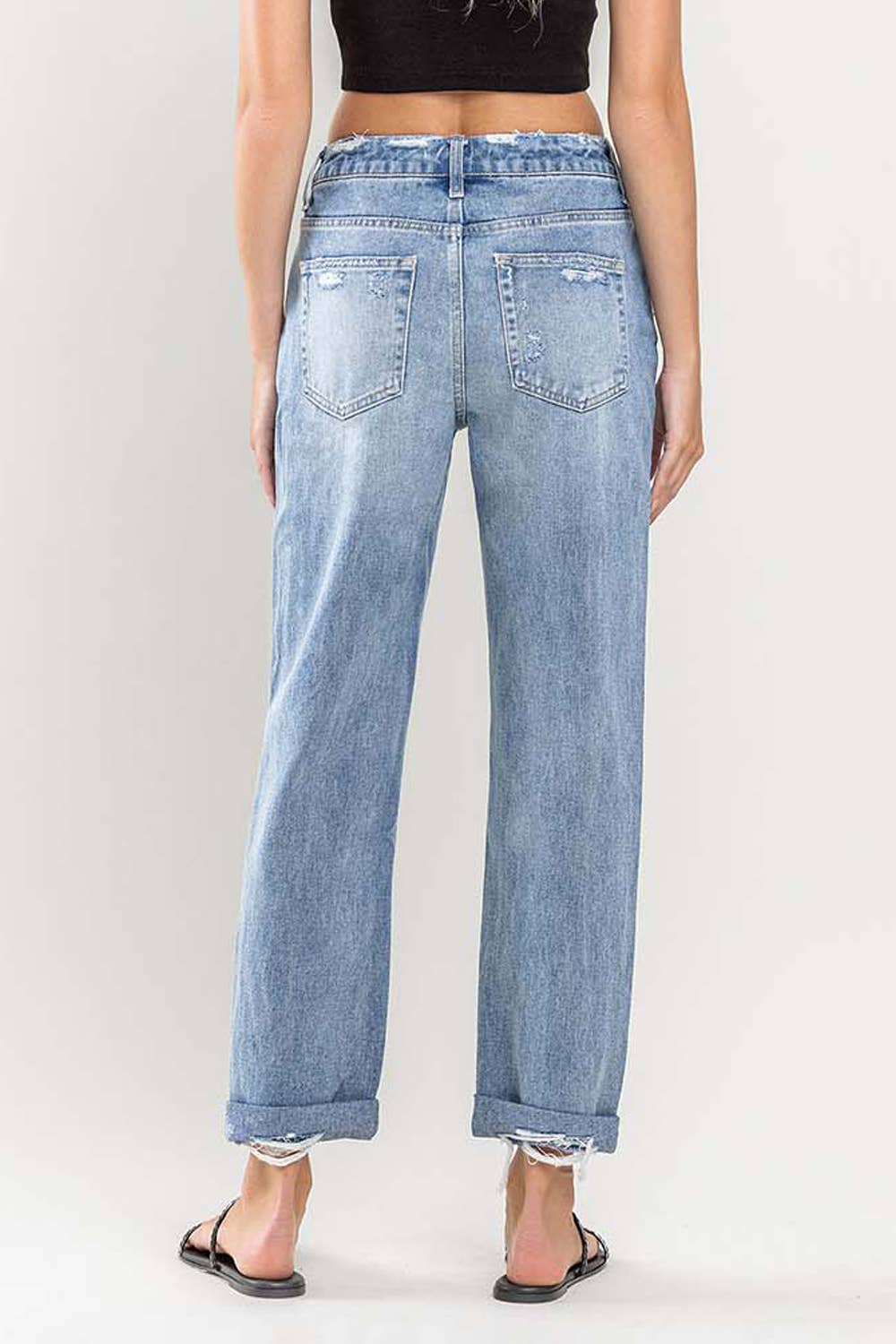 High Rise Cuffed Distressed Rigid Boyfriend Jeans