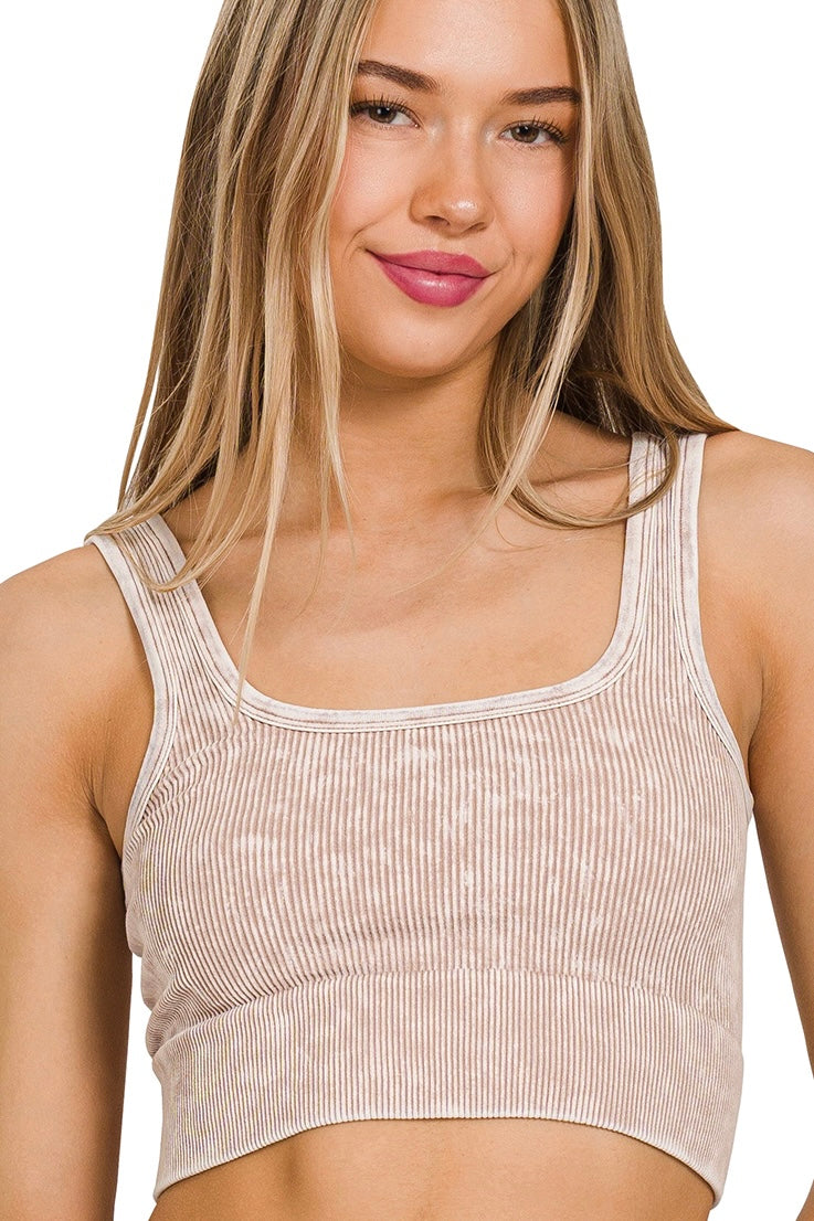 Washed Ribbed Square Neck Seamless Tank Top