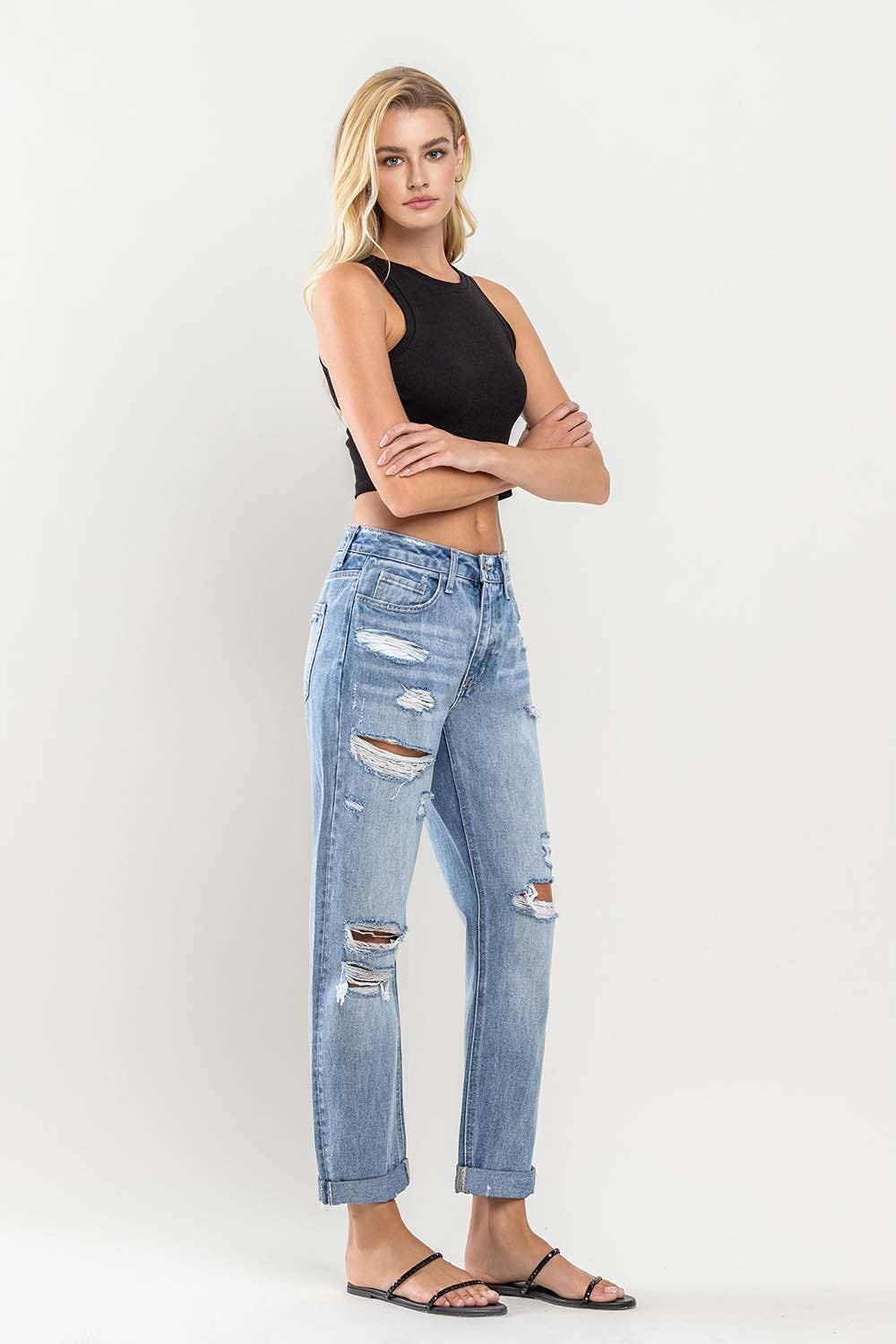 High Rise Cuffed Distressed Rigid Boyfriend Jeans