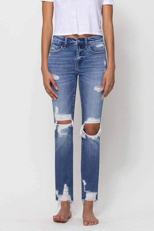 Mid Rise Distressed Ankle Slim Straight Jeans