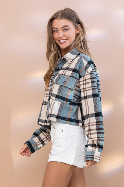 Yarn Dyed Plaid Button Up Crop Shirt Jacket