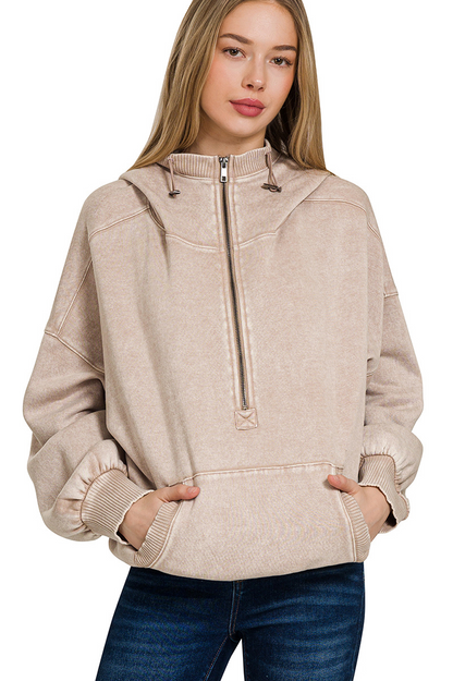 Fleece Washed Drawstring Hem Half Zip Kangaroo Hoodie