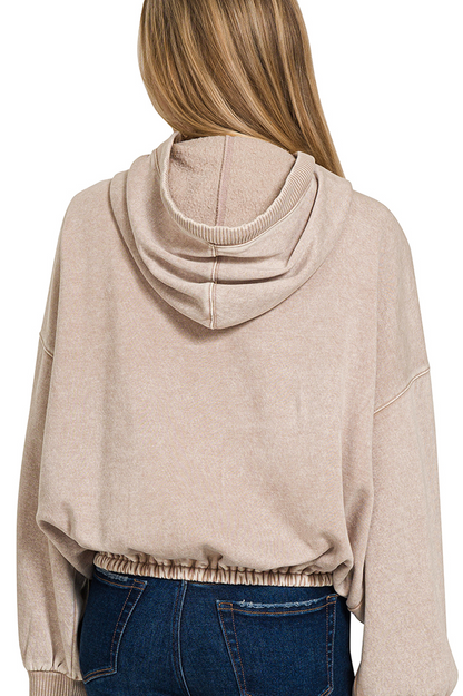 Fleece Washed Drawstring Hem Half Zip Kangaroo Hoodie