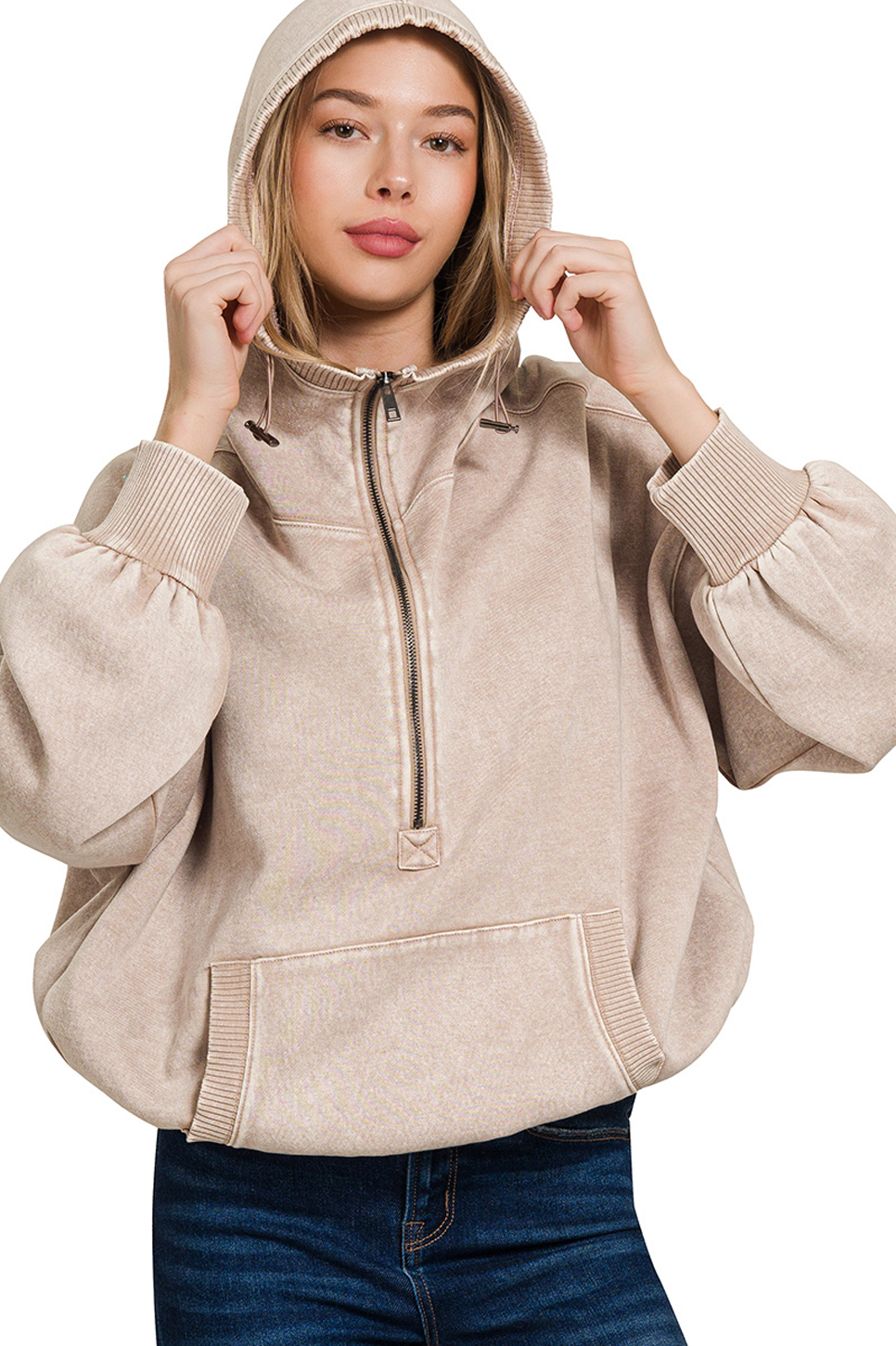 Fleece Washed Drawstring Hem Half Zip Kangaroo Hoodie
