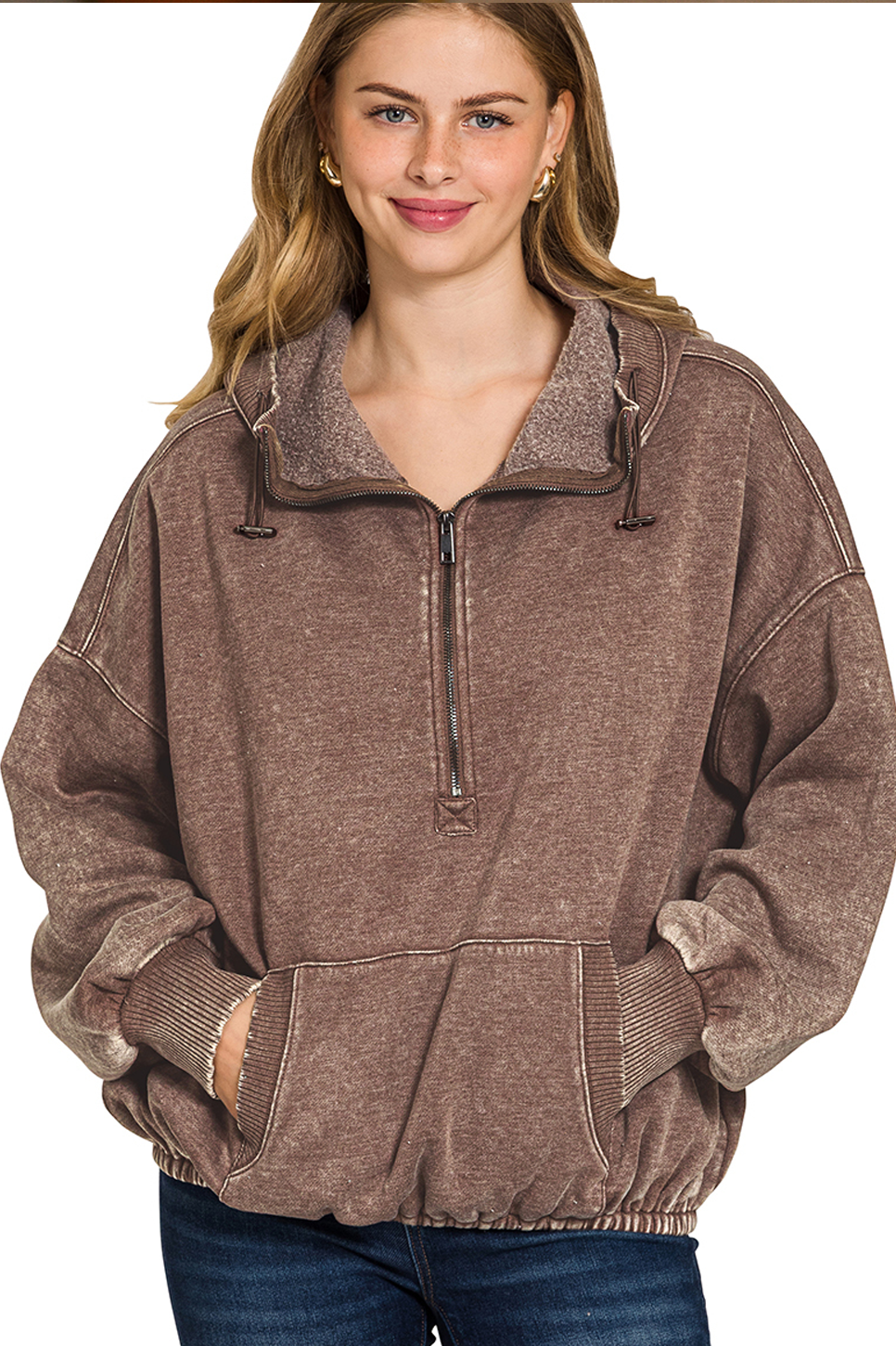 Fleece Washed Drawstring Hem Half Zip Kangaroo Hoodie