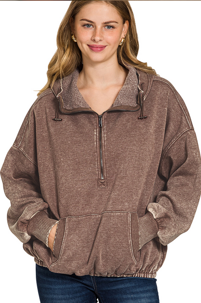 Fleece Washed Drawstring Hem Half Zip Kangaroo Hoodie