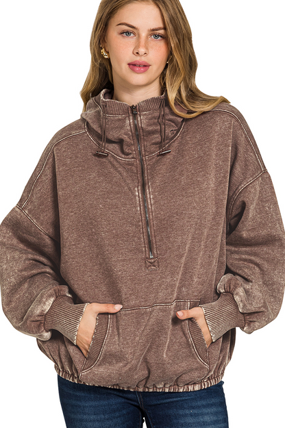 Fleece Washed Drawstring Hem Half Zip Kangaroo Hoodie