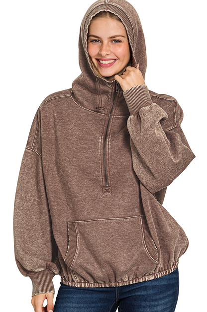 Fleece Washed Drawstring Hem Half Zip Kangaroo Hoodie