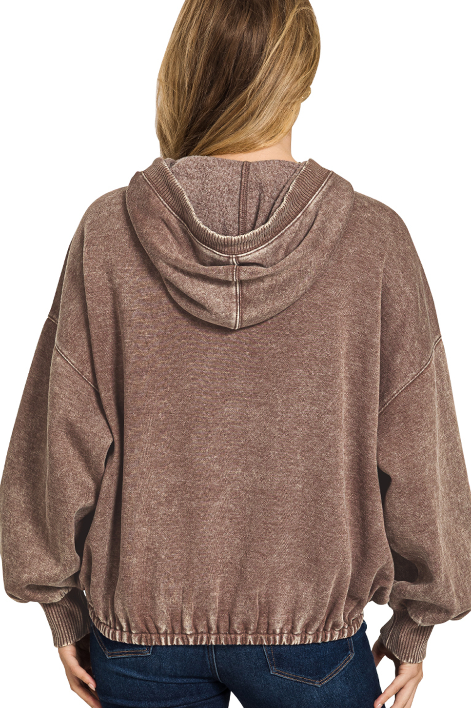 Fleece Washed Drawstring Hem Half Zip Kangaroo Hoodie