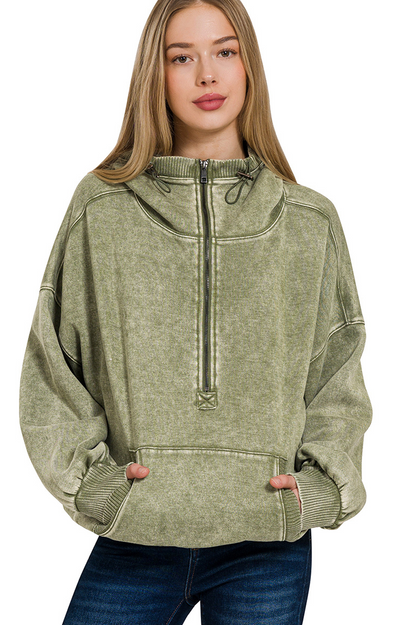 Fleece Washed Drawstring Hem Half Zip Kangaroo Hoodie