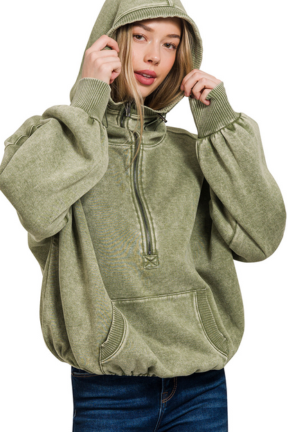 Fleece Washed Drawstring Hem Half Zip Kangaroo Hoodie