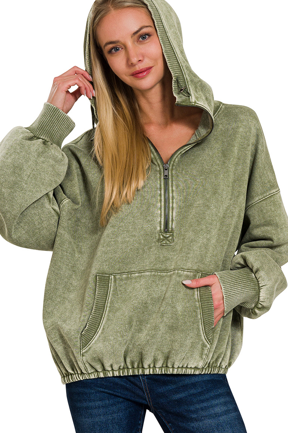 Fleece Washed Drawstring Hem Half Zip Kangaroo Hoodie