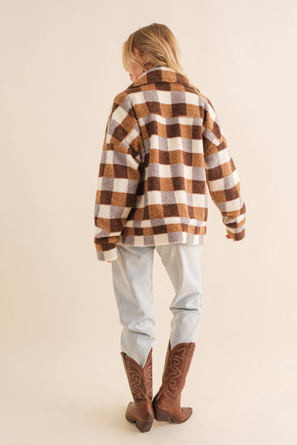 Checkered Teddy Chest Pocket Oversized Jacket