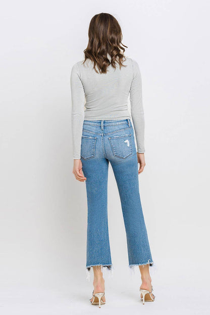 Mid Rise Frayed Hem Ankle Bootcut Jeans