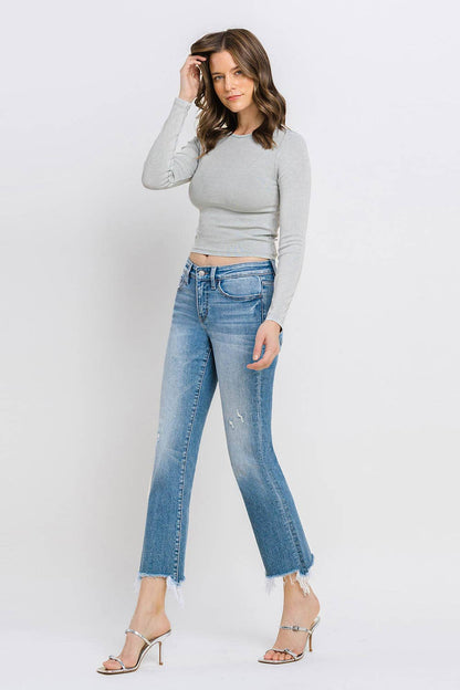 Mid Rise Frayed Hem Ankle Bootcut Jeans