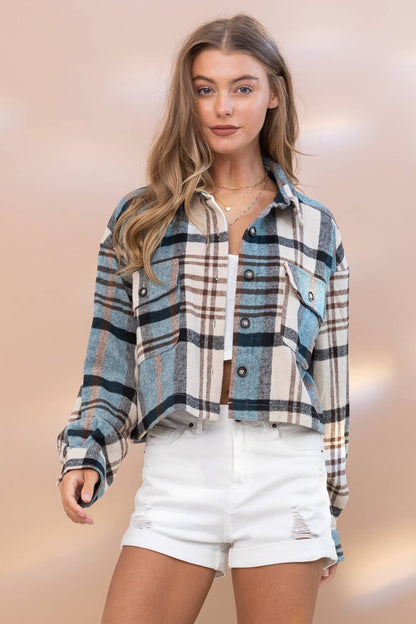 Yarn Dyed Plaid Button Up Crop Shirt Jacket