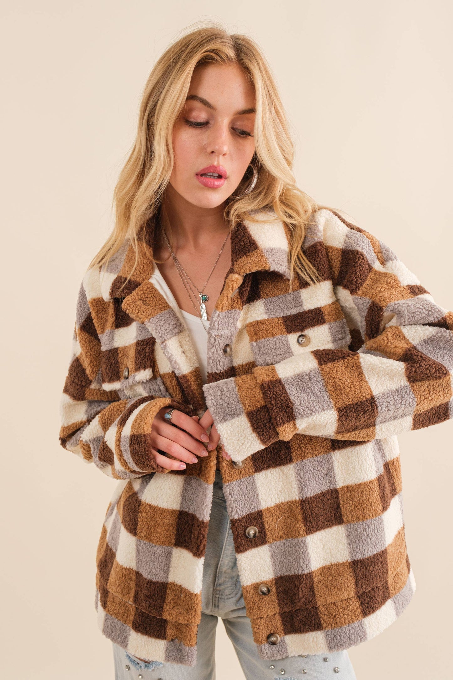 Checkered Teddy Chest Pocket Oversized Jacket