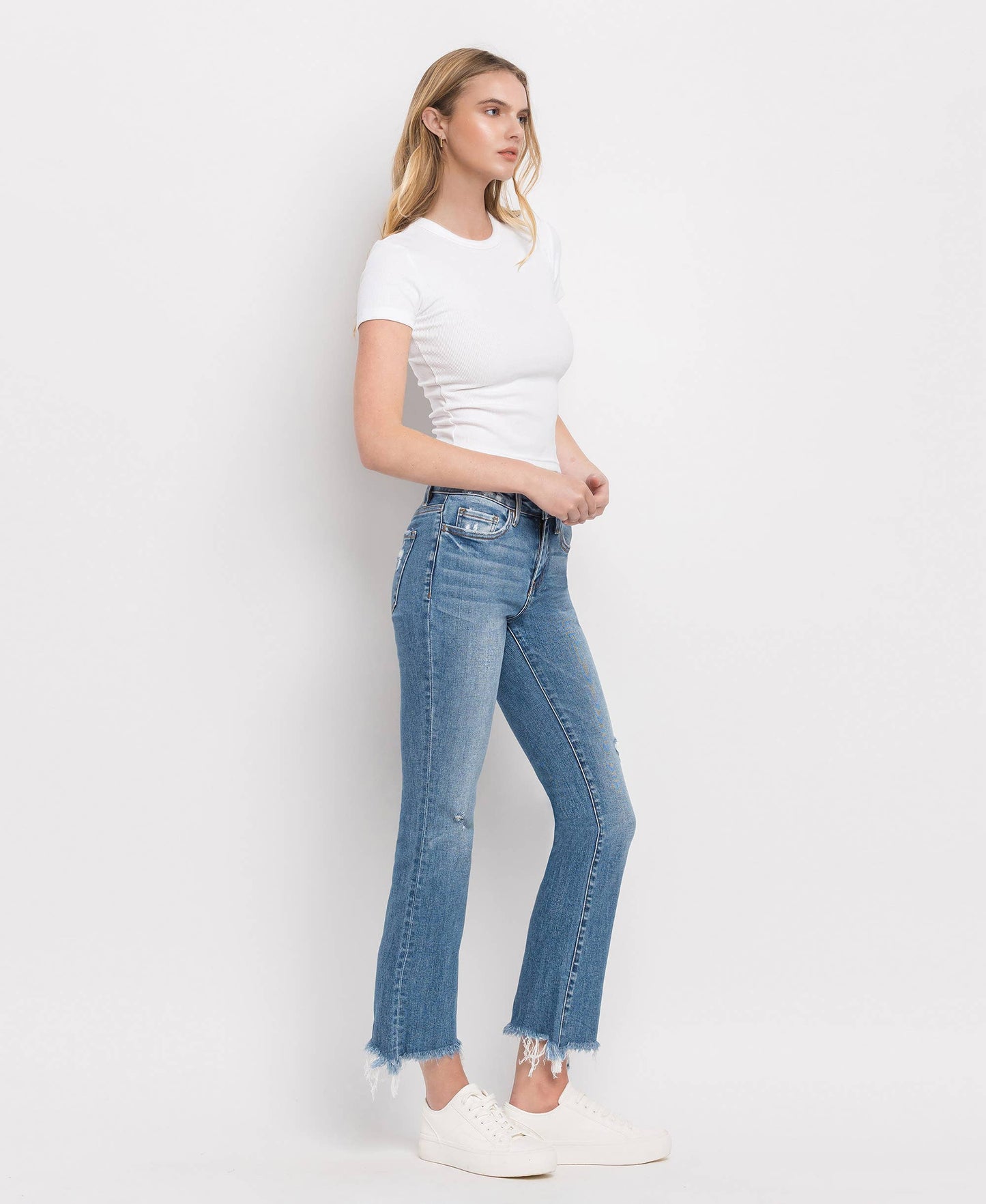 Mid Rise Distressed Hem Ankle Bootcut Jeans