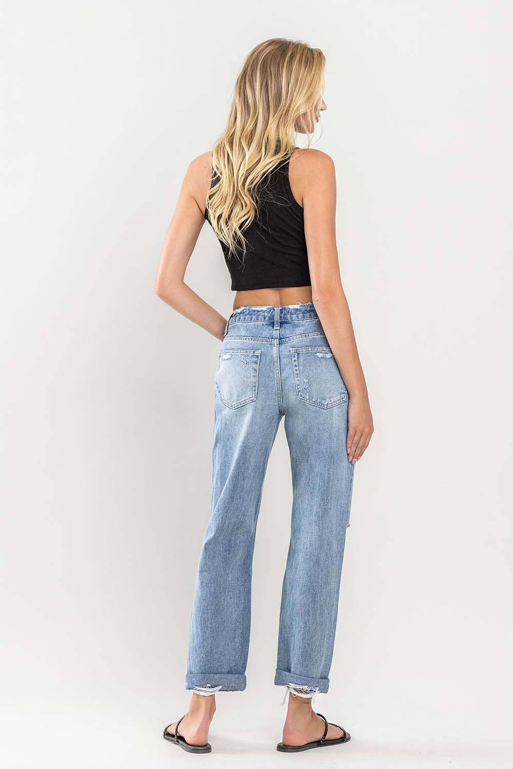 High Rise Cuffed Distressed Rigid Boyfriend Jeans